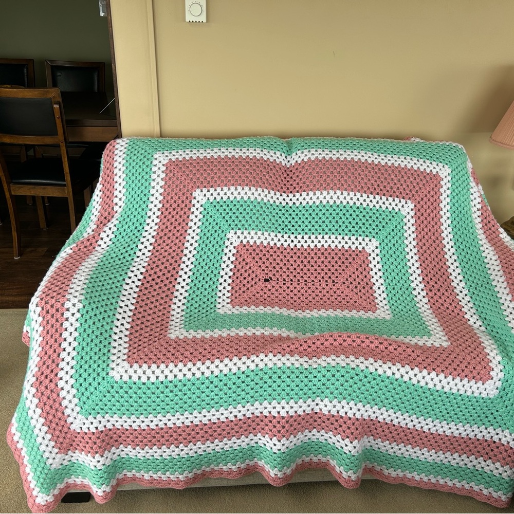Crochet Blanket in Pink, Green, and White